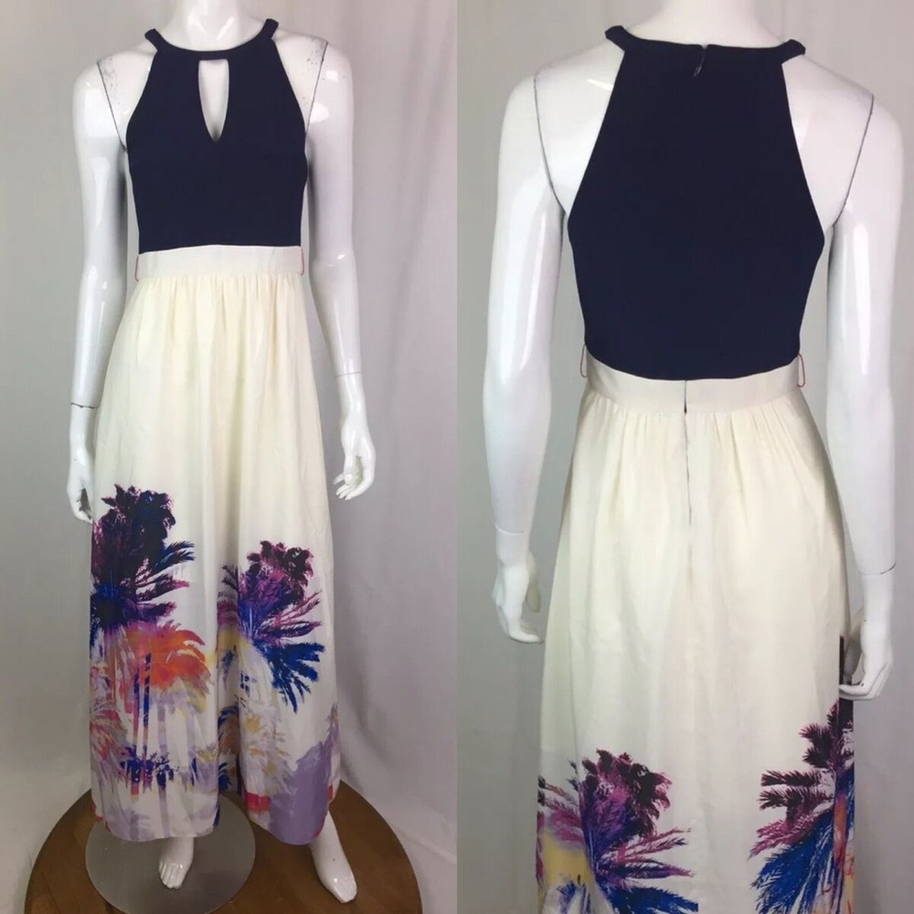 Vince Camuto 2 Navy Jersey Cream Colorblock Keyhole Palm Tree Maxi Flare Dress
